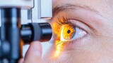 Close-up of an eye examination with an ophthalmic device, showcasing detailed iris and pupil in bright lighting.
