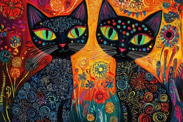 Poster - Two striking black cats with vivid eyes and ornate patterns stand in a lush garden filled with colorful flowers and swirling designs, creating a whimsical atmosphere