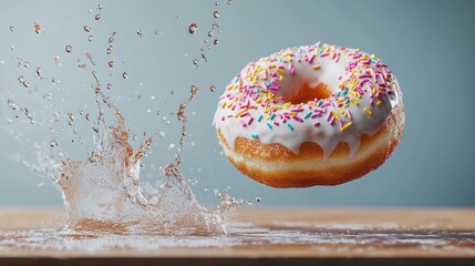 Poster - A floating donut with sprinkles and icing syrup splashing in midair, creating a whimsical scene, copy space available.