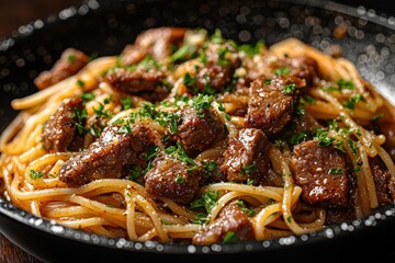 Sticker - A rich dish of spaghetti intermingled with succulent beef pieces and garnished with fresh herbs, perfect for a satisfying dinner experience