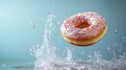 Canvas Print - A floating donut with sprinkles and icing syrup splashing in midair, creating a whimsical scene, copy space available.