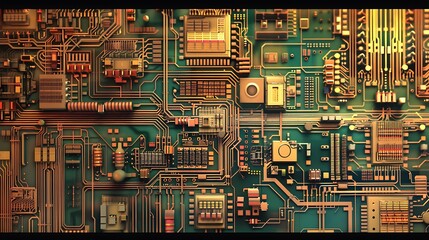 Poster - Close-up of a circuit board with intricate wiring and components, showcasing the complex and detailed world of electronics.