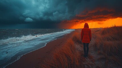 Poster - A person dressed in a bright red jacket strolls on a windswept beach during a dramatic sunset. Storm clouds loom, contrasting with vibrant orange hues in the sky