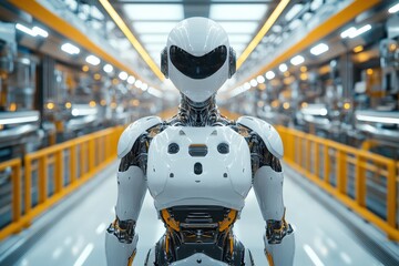 Poster - The humanoid robot is positioned in a futuristic manufacturing facility, showcasing its sleek design amidst rows of automated machinery and bright LED lights