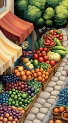 Poster - A painting of a street with fruit and vegetables in the market, AI