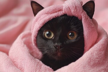 Poster - A playful black cat sits wrapped in a fluffy pink towel, its wide eyes peering curiously. The cozy atmosphere creates a delightful moment of tranquility