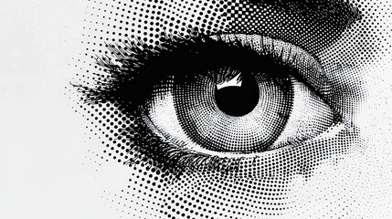 Poster - An intricate illustration showcases a close-up of an eye, featuring striking black and white dot patterns that emphasize texture and depth, creating a compelling visual effect