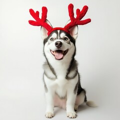 Canvas Print - Siberian husky dog dog wearing a red deer antlers headband on head christmas costume happy.