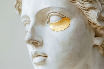 Poster - A classical statue adorned with a gold eye patch, merging ancient artistry with modern beauty trends, highlighting creativity and innovation in design