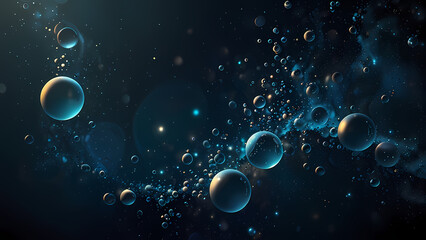 Wall Mural - Abstract digital background featuring clusters of bubbles in different sizes, suspended in a dark blue cosmic void