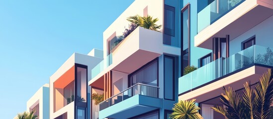 Poster - Modern apartment buildings featuring windows and balconies showcasing an innovative design with outdoor amenities Mixed media concept