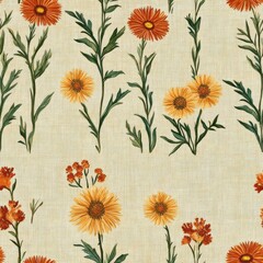 Wall Mural - Vintage tapestry calendula border pattern on vintage beige fabric background, seamless repeating pattern, textile print style, minimal, tapestry design, seamless calendula border pattern, home decor