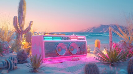 A vibrant, retro boombox sits on a beach at sunset, illuminated in neon pink and blue hues. Surrounding it are cacti and lush desert plants with a picturesque ocean view