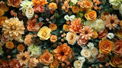 Poster - The display showcases a rich variety of flowers, including roses, dahlias, and chrysanthemums in shades of orange and yellow, evoking a joyful spring atmosphere