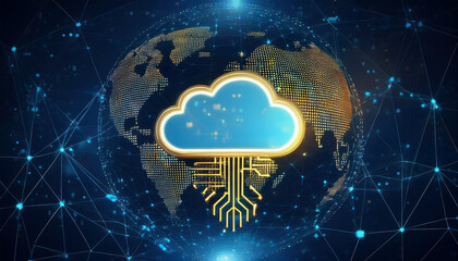 Wall Mural - a cloud computing concept with a golden cloud symbol connected to a global network of interconnected