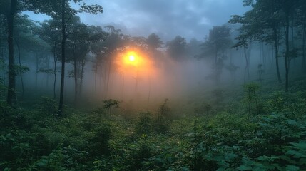 Poster - Sunrise Through the Foggy Forest