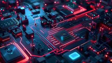 Poster - Close-up view of a circuit board with glowing red and blue neon lights.