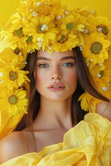 Captivating image of a woman with sunflower headdress, styled in yellow attire, exuding warmth and positivity.