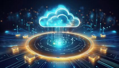 Wall Mural - a cloud computing concept with a golden cloud symbol connected to a global network of interconnected
