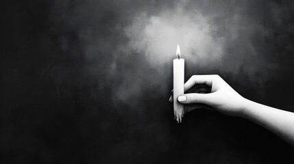 Wall Mural - A hand holding a lit candle in front of black and white background, AI