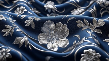 Wall Mural - A close-up of a blue fabric with silver floral pattern.