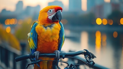 A vibrant parrot perched on a bicycle handlebar by a serene waterfront at sunset.