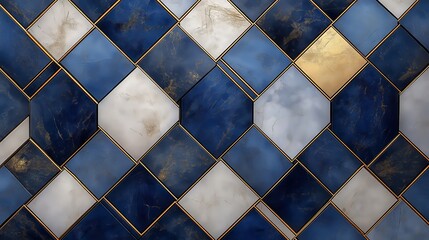 Wall Mural - Blue and white geometric tiles with gold accents.