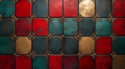 Wall Mural - Red, green, and gold tiles with ornate frames.