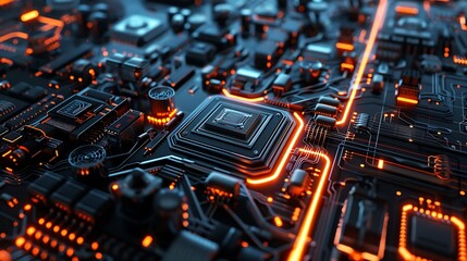 Poster - Close-up of a circuit board with glowing orange lines and a processor in the center, representing the complex nature of technology.