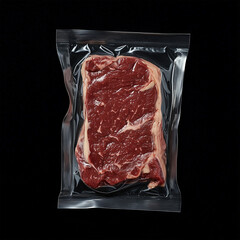 Beef steak in vacuum plastic packaging with empty space for label. Raw marble beef meat in transparent vacuum sealed wrap