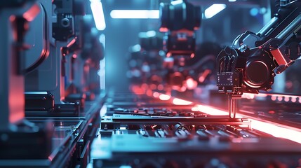Poster - Close-up of a robotic arm working on an assembly line in a futuristic factory setting.