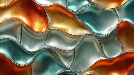 Wall Mural - Abstract background with metallic, wavy shapes in blue, orange, and silver.