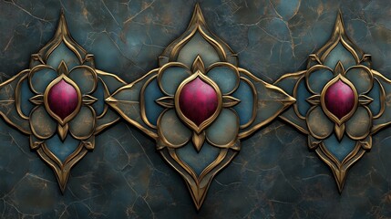 Wall Mural - Three ornate golden floral designs with ruby gems set against a dark blue marble background.