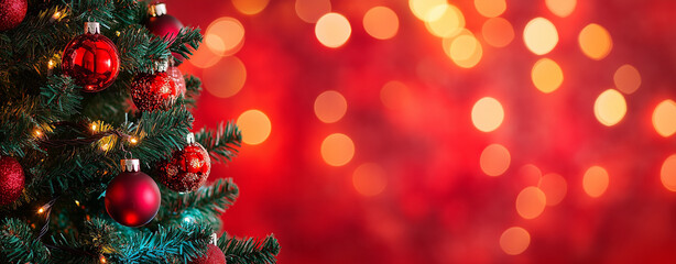 Christmas tree with red ornaments and glowing bokeh on red background