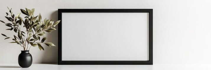 Wall Mural - A realistic 3D mockup of a black photo frame with a blank canvas, isolated on a clean white surface