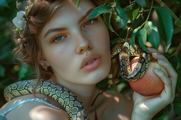 Enchanting Portrait of Young Woman with Snake and Apple in Mystical Forest Setting