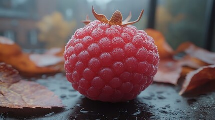 Wall Mural - A Close-Up of a Single Dew-Covered Raspberry