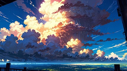 Wall Mural - fantasy world palace view of psychedelic smoky clouds and stars.