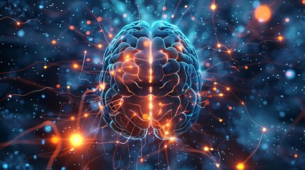 Poster - 3D illustration of a human brain with neural connections, glowing and sparking with light.  The image is a representation of cognitive function and the complex networks of the brain.