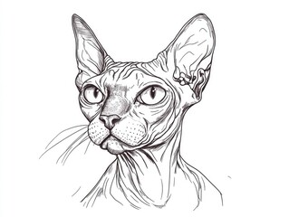 Single continuous line art drawing of a hairless cat featuring a sphinx like feline with prominent eyes created in a flat doodle style against a white background