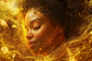 Sticker - Woman enveloped in golden light particles representing inner calm personal transformation and the radiant energy of spiritual awakening and renewal