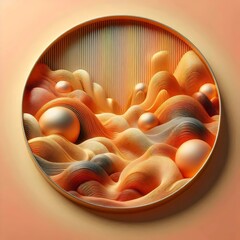 abstract coral peach with yellow background with circle and pearls inside.  3D rendering.