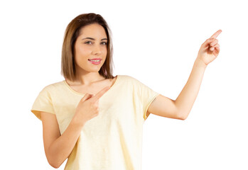 Young beautiful woman over transparent background smiling and pointing with two hands and fingers to the side.