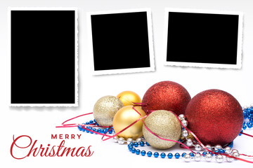 Christmas card with red and gold baubles and three empty photo frames on white background