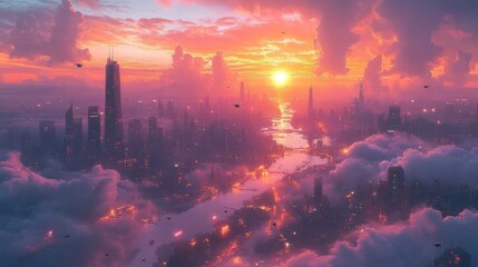 Wall Mural - A vibrant sunset over a futuristic cityscape with clouds.