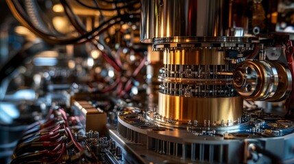 Canvas Print - Close-up of a quantum computing machine core, with intricate circuits and cooling systems in focus.