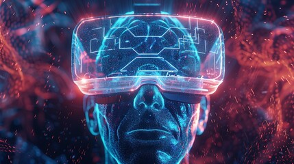 Poster - man wearing a virtual reality headset, immersed in a futuristic digital world.