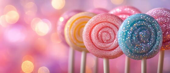 Closeup of colorful swirl lollipops with glitter details