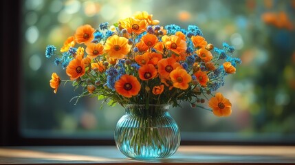 Canvas Print - Vibrant Bouquet of Orange and Blue Flowers