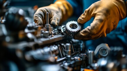 Wall Mural - Close-up of a technician disassembling machine parts during a repair, highlighting the complexity of the task.